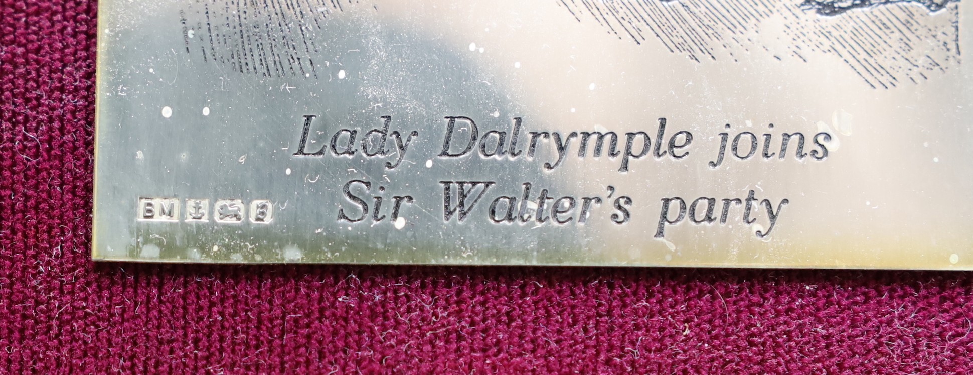 A set of six silver plaques, decorated with scenes from Jane Austen, 9.5 x 6.5cm